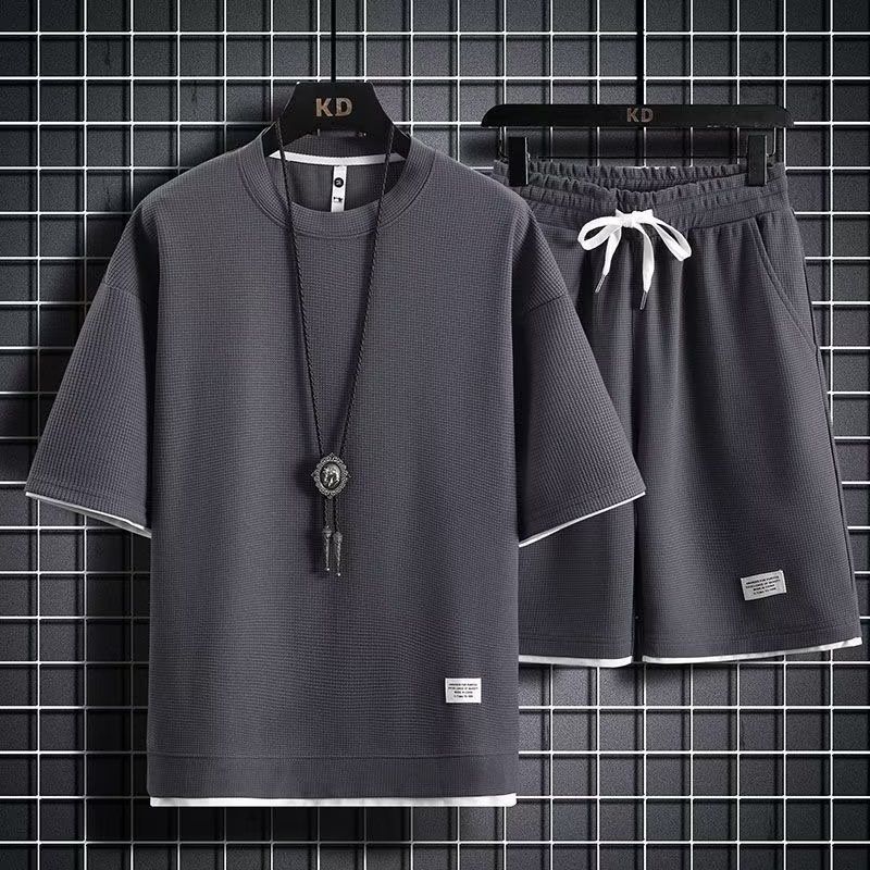 Men's Casual Sports Suit Summer Ice Trend Loose Waffle Short-sleeved Shorts A Set Of Clothes Handsome Match_viptrois.com