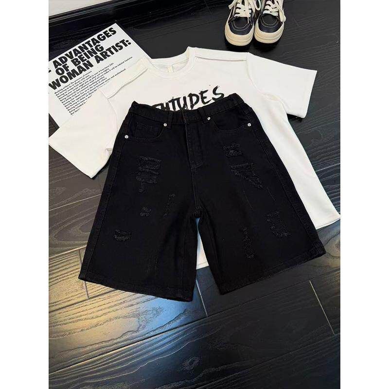 Cleanfit Men's Blue Ripped Denim Shorts Summer Retro Cropped Straight Leg Five Point Pants_viptrois.com
