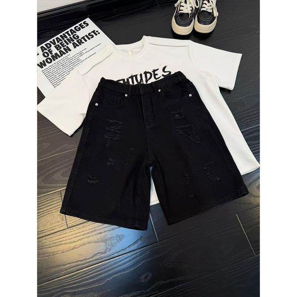 Cleanfit Men's Blue Ripped Denim Shorts Summer Retro Cropped Straight Leg Five Point Pants_viptrois.com