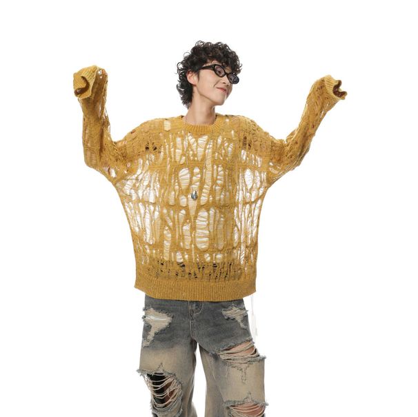 New Loose Knit Sweater For Early Autumn, Niche Hollow Hole Sun Protection Sweater, Men's Korean Lazy Style Casual Top_viptrois.com