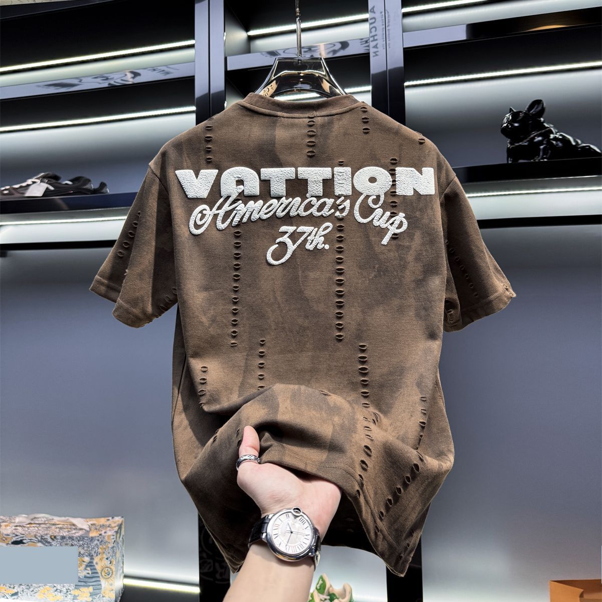 Men's Clothing Men's Premium Distressed Round Neck Short Sleeve T-Shirt - Trendy Streetwear For Summer - Black, Coffee, White - Slim Fit Cotton Blend_viptrois.com