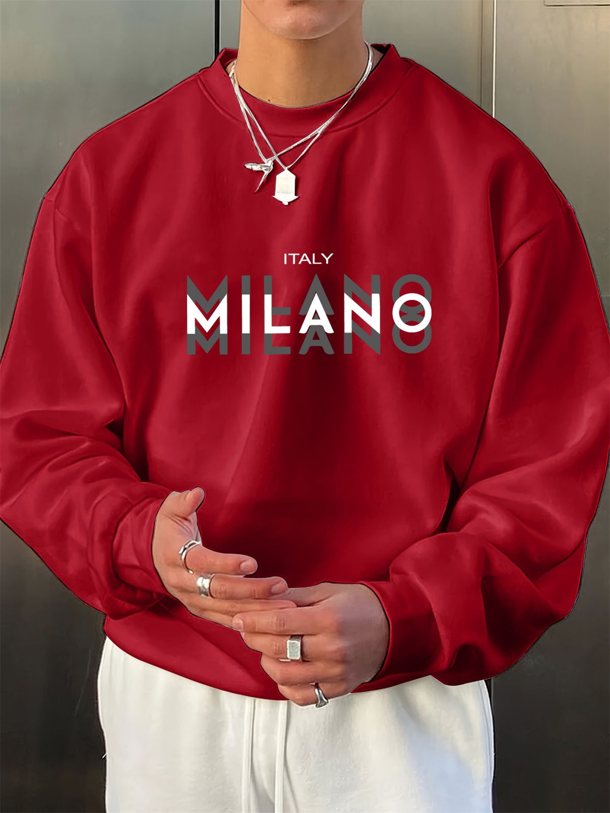 Men's Loose Casual Fashion MILANO ITALIA Letter Pattern Printed Round Neck Long Sleeved Sweatshirt Suitable For Autumn And Winter Wear_viptrois.com