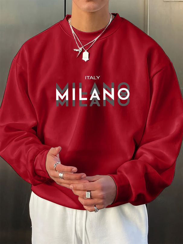 Men's Loose Casual Fashion MILANO ITALIA Letter Pattern Printed Round Neck Long Sleeved Sweatshirt Suitable For Autumn And Winter Wear_viptrois.com