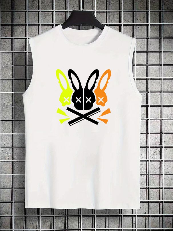 100% Pure Cotton Men's Summer Casual Sports Fitness Loose Rabbit Pattern Printed Breathable Round Neck Sleeveless Vest_viptrois.com