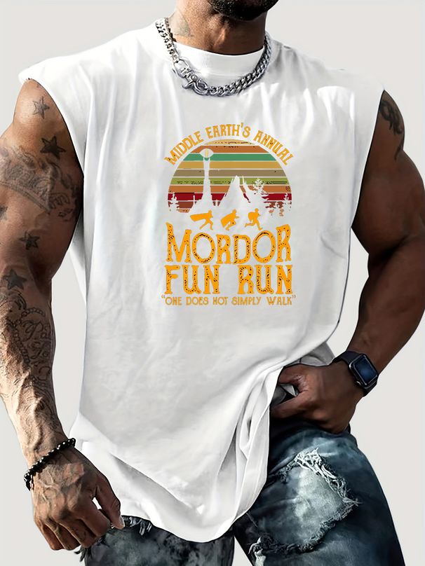 100% Pure Cotton Men's Summer Casual Sports Fitness Loose MIDDLE EARTH'S ANNUAL MORDOR FUN RUN Printed Breathable Round Neck Sleeveless Vest_viptrois.com
