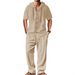 Men's Linen Hooded Short Sleeved Shirt And Trousers Casual Sportswear Set Black Khaki White Gray_viptrois.com