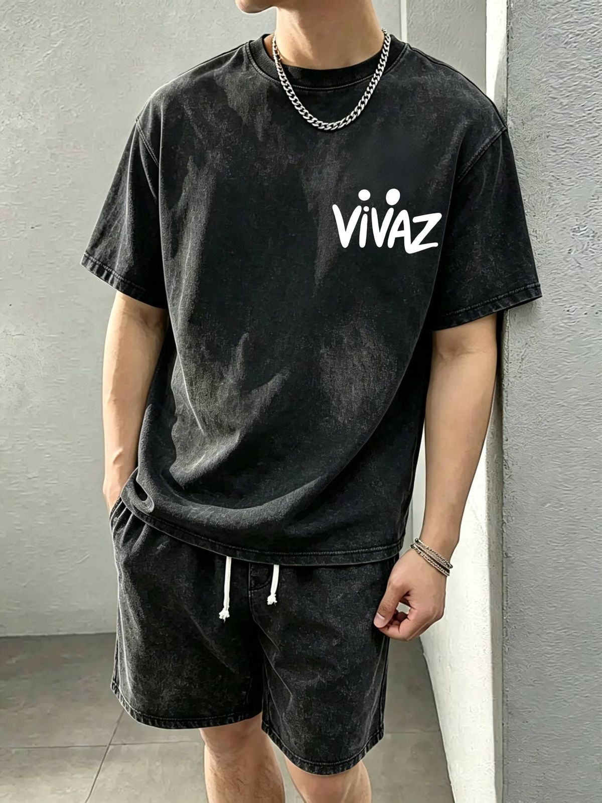 230g Vintage Washed Men Casual Tee White VIVAZ Minimal Bubble Graffiti Font Print Short Sleeve Loose Daily Street Tshirt_viptrois.com