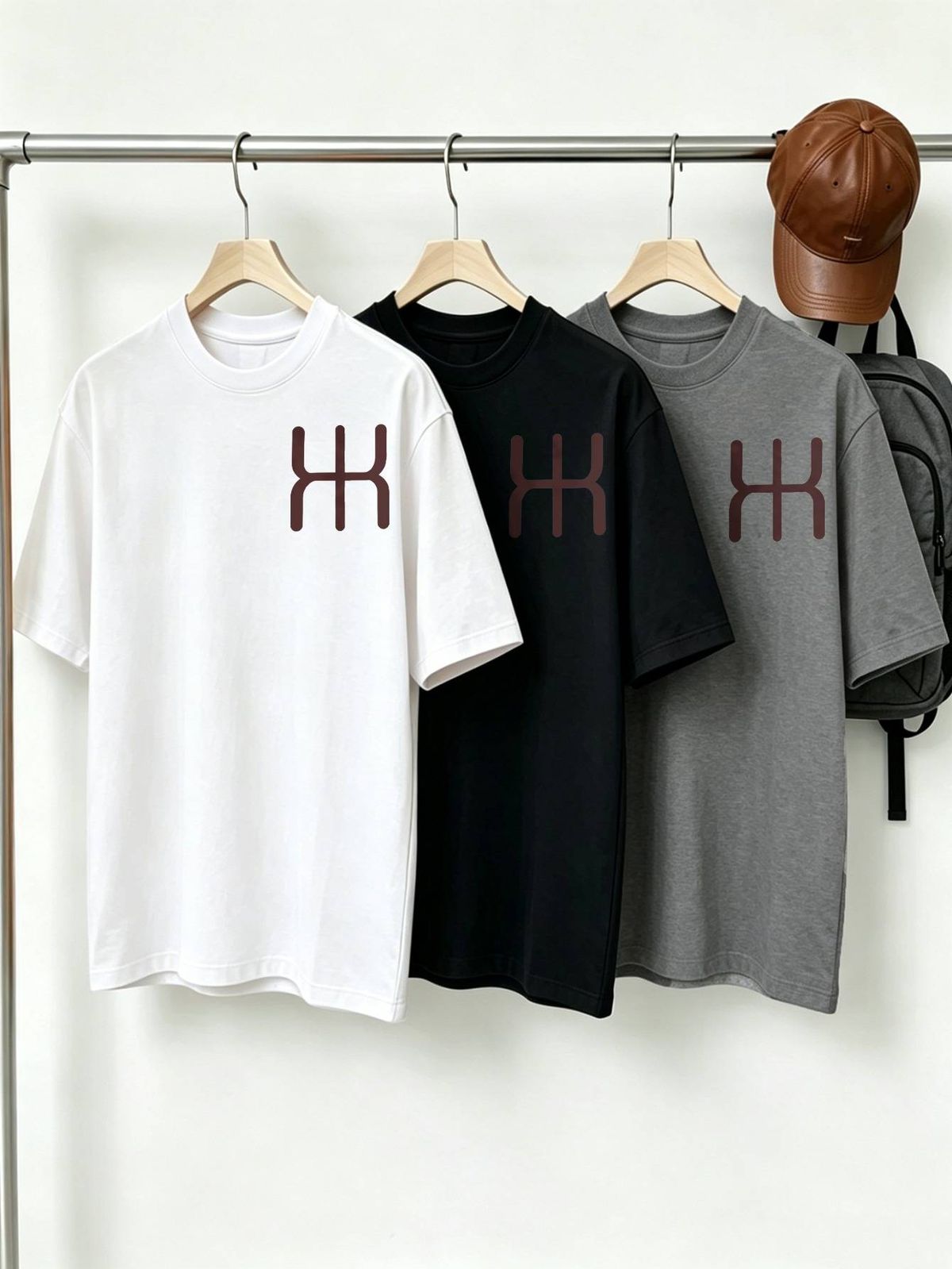 100% Cotton Men's 3-Pack T-shirts Abstract HH Monogram Print Crew Neck Short Sleeve Casual Tops In Black White Gray_viptrois.com