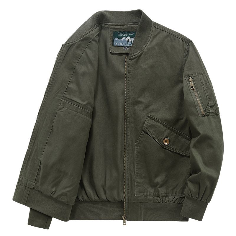Men's Retro Baseball Jacket – Lightweight Cotton Workwear Coat | Multi-Pocket Loose Fit (Khaki/Army Green/Black Blue, M-4XL)_viptrois.com