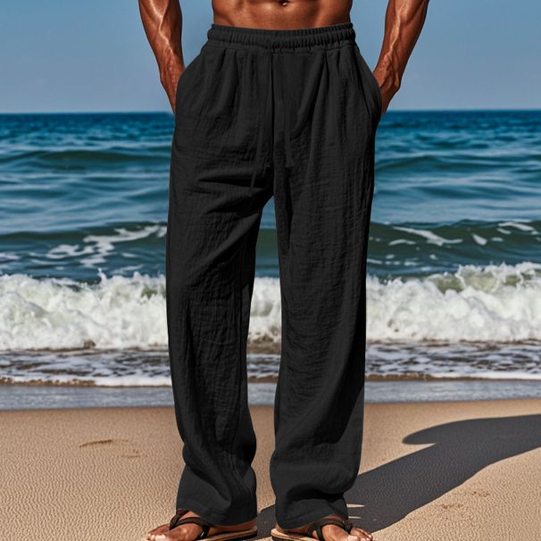 Men's Clothing New Cotton And Linen Loose Pants Men's Straight Solid Color Casual Lace Up Wide Leg Pants Men_viptrois.com