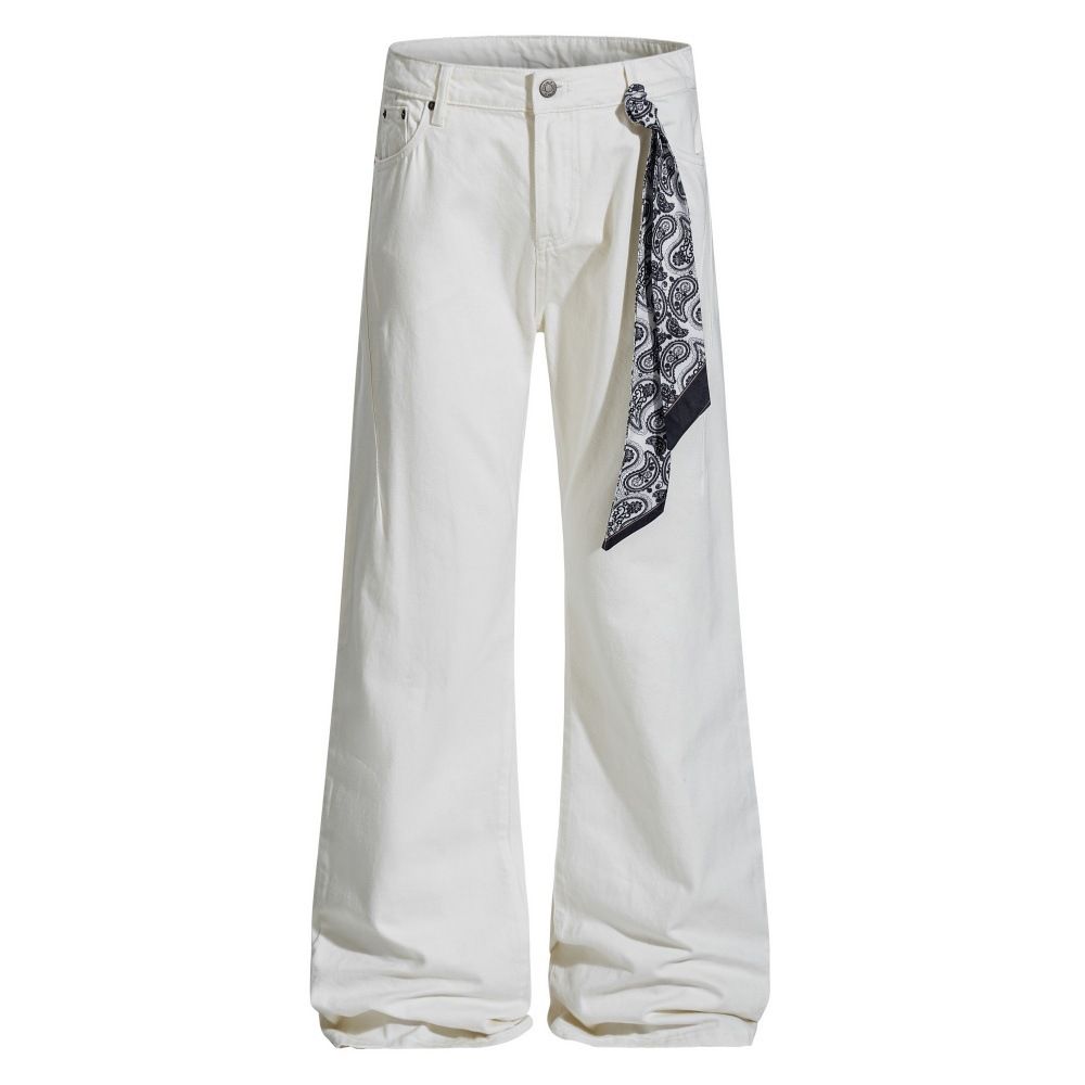 Square Scarf Tie Denim Men's Flared Trendy Brand High Street Vibe Style Loose Casual Wide-Leg Pants_viptrois.com
