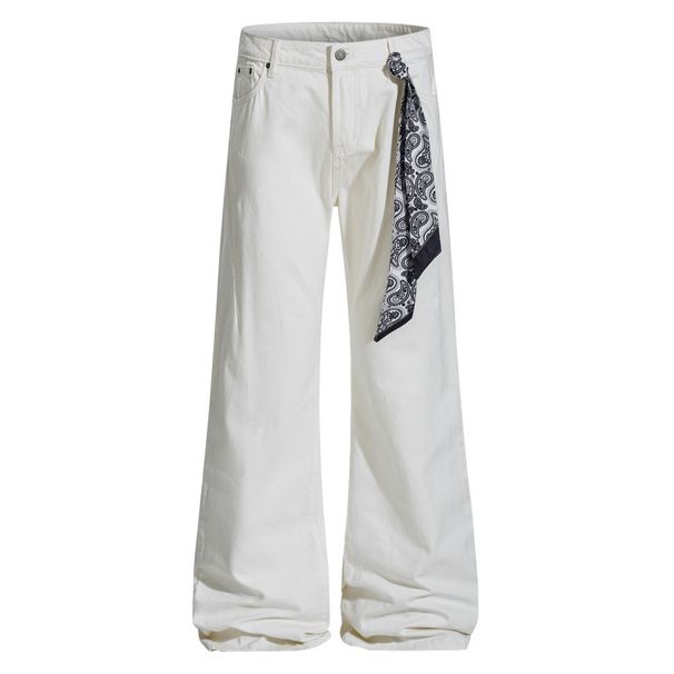 Square Scarf Tie Denim Men's Flared Trendy Brand High Street Vibe Style Loose Casual Wide-Leg Pants_viptrois.com