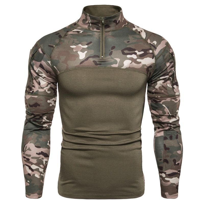 Men's Clothing Long Sleeved Elastic Slim Fit Camouflage Polo Casual Stand Up Collar Cotton Autumn Youth Tactical T Shirt_viptrois.com