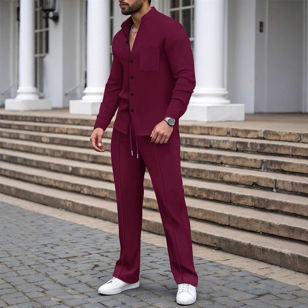 Autumn Men's New Waffle Solid Color Stand Collar Cardigan Shirt Long Sleeve Trousers Suit_viptrois.com