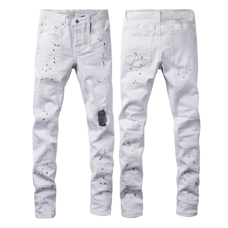 Men's White Distressed Denim Jeans With Splatter Paint & Patchwork - Stretch Straight Leg Trousers For Urban Street Style_viptrois.com