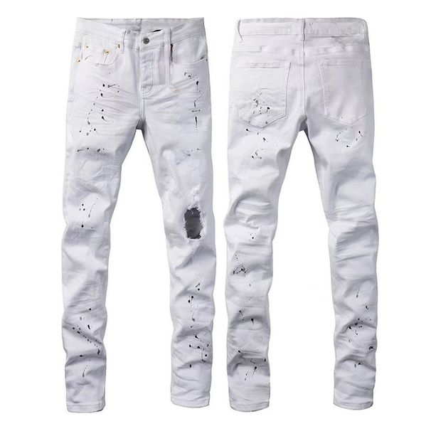 Men's White Distressed Denim Jeans With Splatter Paint & Patchwork - Stretch Straight Leg Trousers For Urban Street Style_viptrois.com