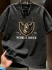 Summer Washed Cotton T-Shirt, Men's Noble Deer 1986 Shield Crest Print, Luxury Vintage Style, Casual Oversized Tee_viptrois.com