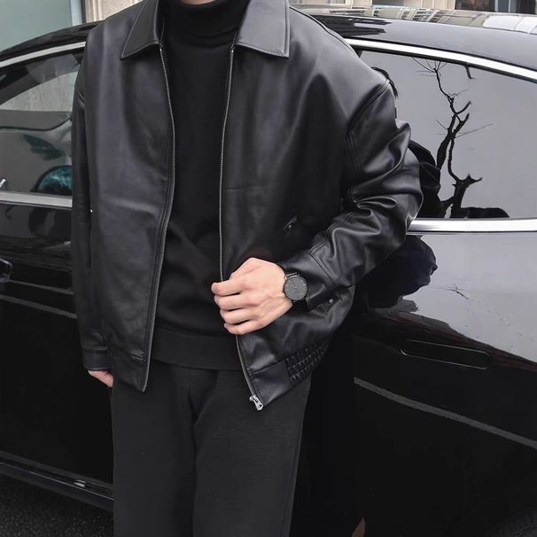 Men's Black PU Leather Jacket Retro Workwear Style Zip-Up Stand Collar Casual Outerwear Coat_viptrois.com