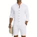 Men's Linen Long Sleeve Shirt & Cargo Shorts Set | American Style Summer Casual Workwear Vacation Outfit_viptrois.com