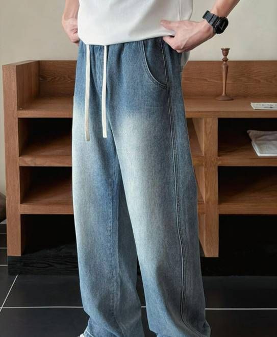 Men's Clothing Men's Autumn 3D Bamboo Joint Retro Blue Washed Jeans, Loose Fit Casual Pants, Versatile Extended Straight Leg Pants_viptrois.com