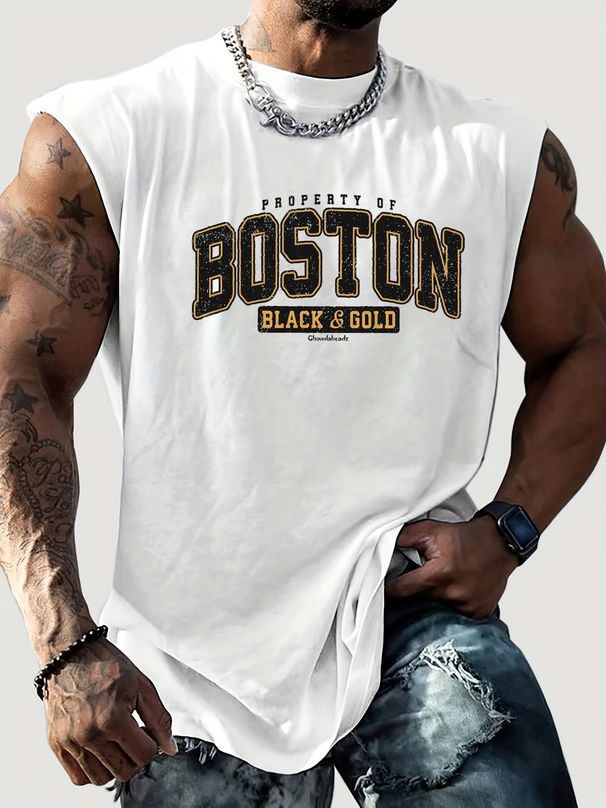 100% Pure Cotton Men's Summer Casual Sports Fitness Loose BOSTON Letter Pattern Printed Breathable Round Neck Sleeveless Vest_viptrois.com