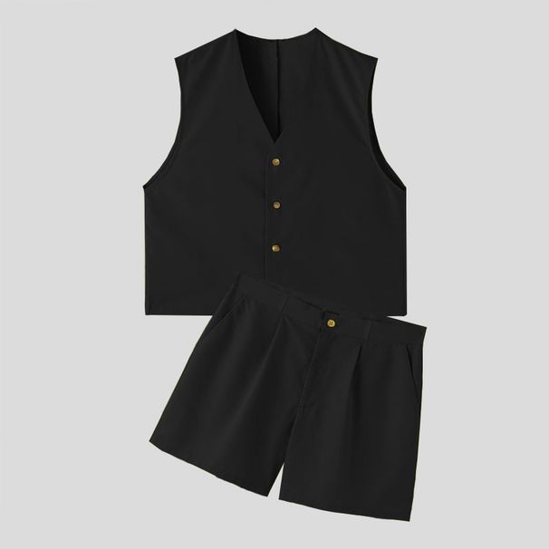 Men's Clothing V Neck Sleeveless Casual Vest Vest High Waist Wide Leg Shorts Suit_viptrois.com