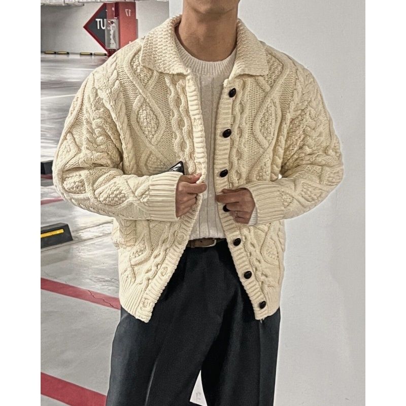 Pure Autumn Winter High-end Loose Lazy Style Thickened Cable Knit Cardigan Men's Retro Thick Yarn Turn-down Collar Sweater_viptrois.com