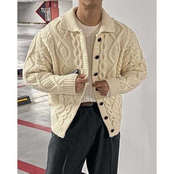Pure Autumn Winter High-end Loose Lazy Style Thickened Cable Knit Cardigan Men's Retro Thick Yarn Turn-down Collar Sweater_viptrois.com