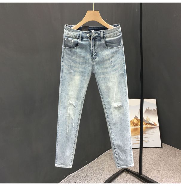 Men's Clothing Summer Heavy Wash Retro Distressed Ripped Jeans Men's Trendy Brand Handsome Scraped Slim Fit Skinny Nine Point Pants_viptrois.com