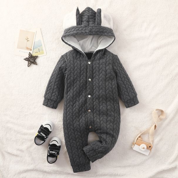 Mother & Kids Soft Cotton Baby Hooded Romper With Bunny Ears - Long Sleeve Jumpsuit For Infants 0-18M (Grey/Pink)_viptrois.com