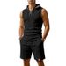 Men's Clothing Summer Men's Casual Sports Set Loose Knit Drawstring Waffle Sleeveless Hooded Vest And Shorts Style_viptrois.com