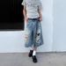 Men's Clothing Retro Hole Wide Leg Jeans For Men And Women Summer Washed Distressed High Waist Loose Straight Leg Seven Point Jeans_viptrois.com