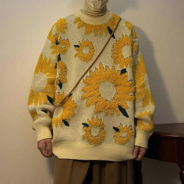 New autumn and winter vintage sunflower sweater for men and women, versatile and suitable for couples, long sleeved knit sweater_viptrois.com