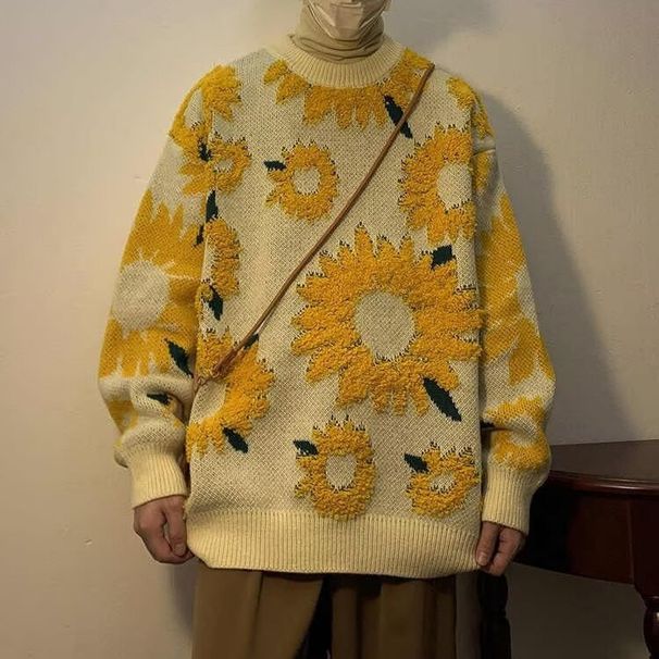 New autumn and winter vintage sunflower sweater for men and women, versatile and suitable for couples, long sleeved knit sweater_viptrois.com