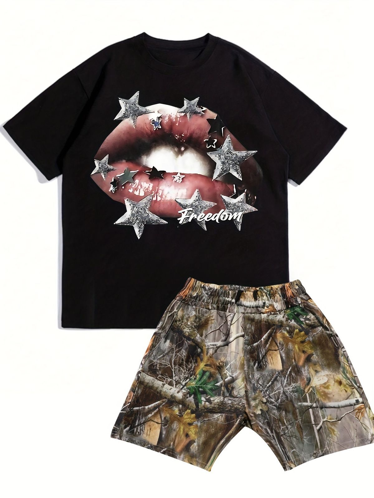 Men's Clothing Men's Summer Style Street Fashion Black Short Sleeved And Camouflage Shorts Suit_viptrois.com