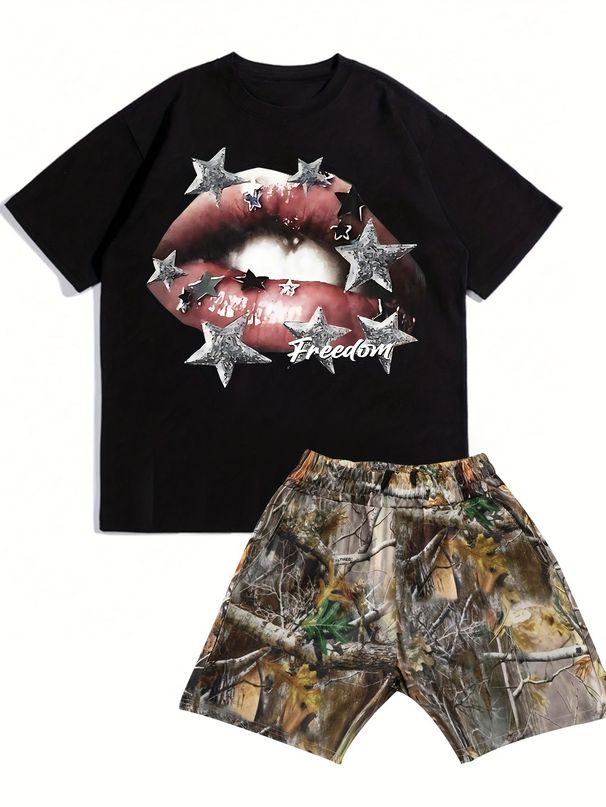 Men's Clothing Men's Summer Style Street Fashion Black Short Sleeved And Camouflage Shorts Suit_viptrois.com