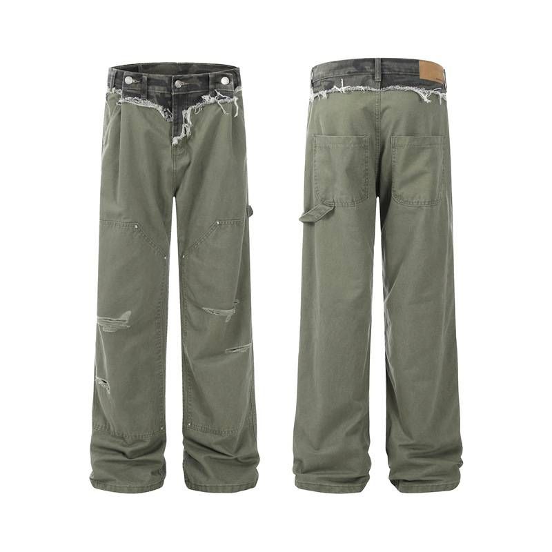 Men's Clothing Overalls For Men And Women Camouflage Patchwork Holes Loose Straight Cleanfit Mopping Casual Pants_viptrois.com