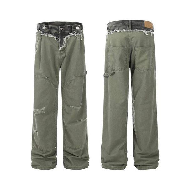 Men's Clothing Overalls For Men And Women Camouflage Patchwork Holes Loose Straight Cleanfit Mopping Casual Pants_viptrois.com