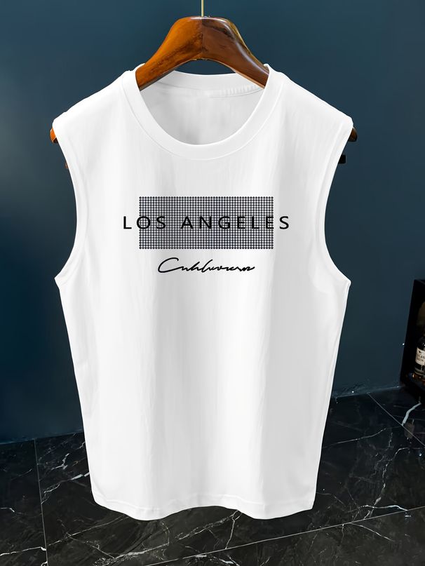 100% Pure Cotton Men's Summer Casual Sports Fitness Loose Los Angeles Letter Pattern Printed Breathable Round Neck Sleeveless Vest_viptrois.com