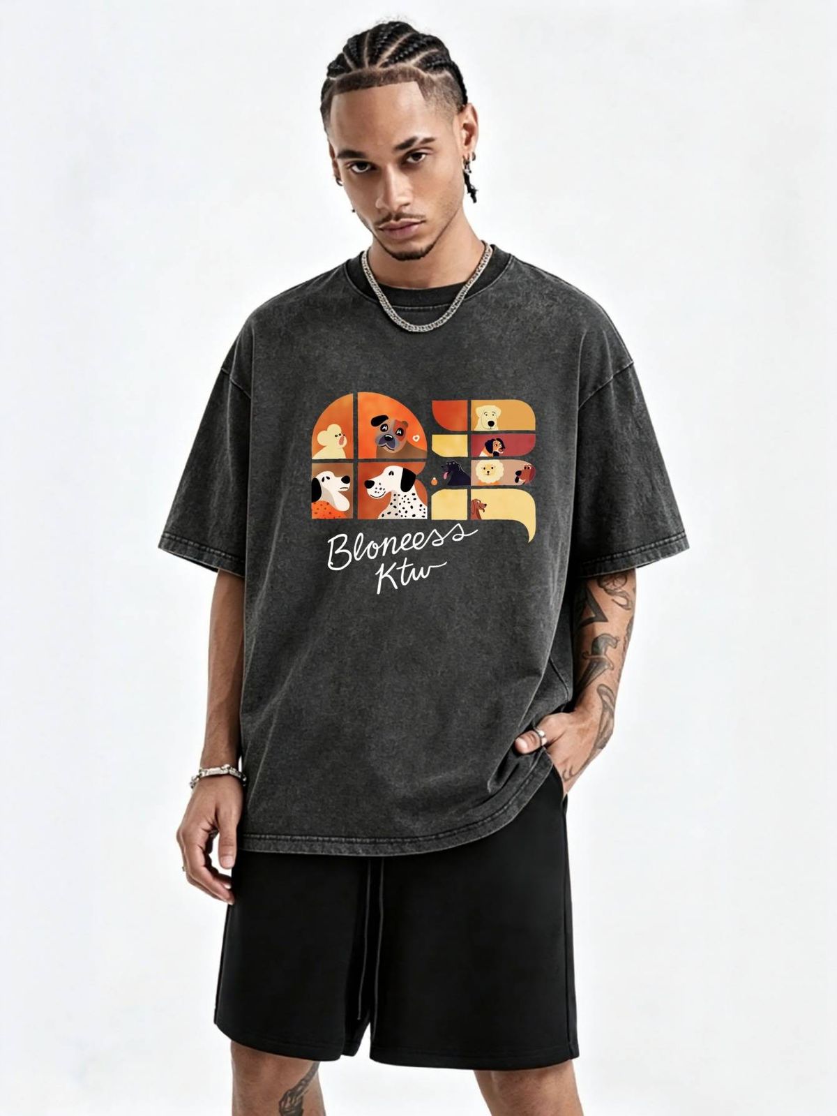 230g Washed Men Crew Neck Tee Cartoon Dog Alphabet Print Short Sleeve Casual Streetwear Summer Top_viptrois.com