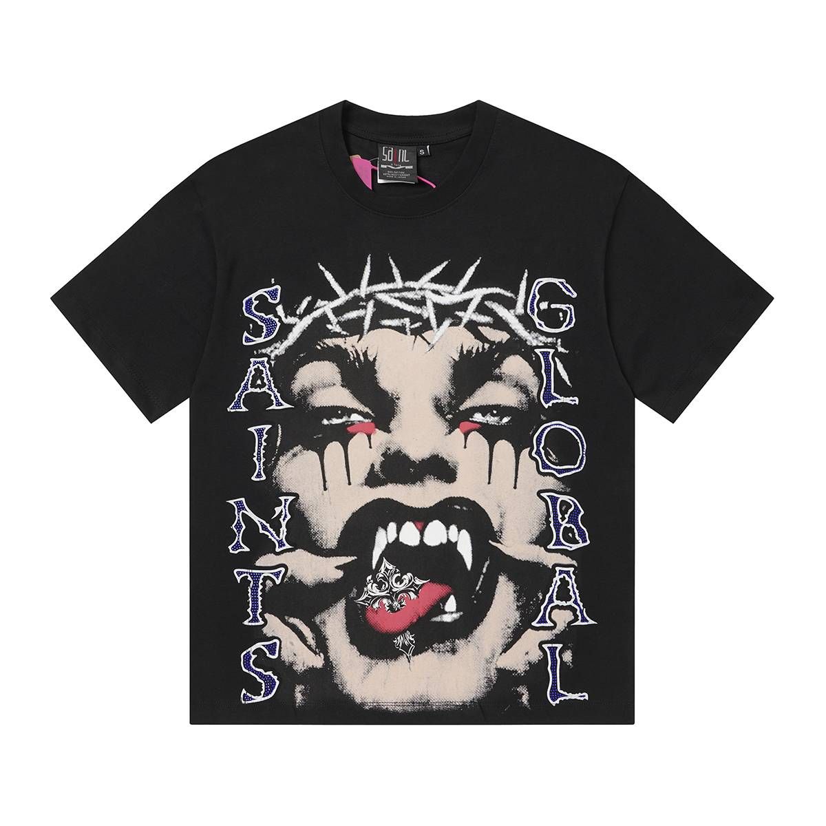 Vintage Dark Punk Gradient Rhinestone Vampire Portrait Oversized Unisex T-Shirt For Couples_viptrois.com