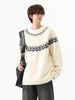 Pure Nordic Fair Isle Cable Knit Pullover For Men Korean Style Lazy Chic Jacquard Round Neck Raglan Sweater_viptrois.com
