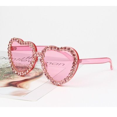 European And American Style New Flower Candy Color Peach Heart Diamond Sunglasses For Women Cute Cat Eye Heart Shaped Sunglasses_viptrois.com