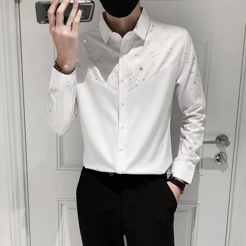 New Personalized Sequined Glittering Long-sleeved Shirt, Men's Mid-sleeved Black Shirt_viptrois.com