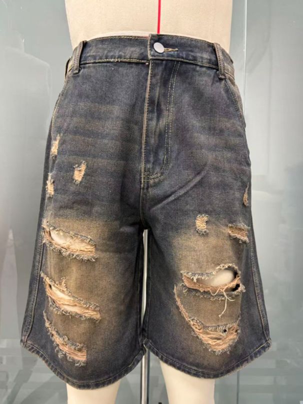 Men's Distressed Denim Shorts - Vintage Washed Five-Pocket Knee-Length Cargo Shorts For Men, Dark Blue High Street Style_viptrois.com