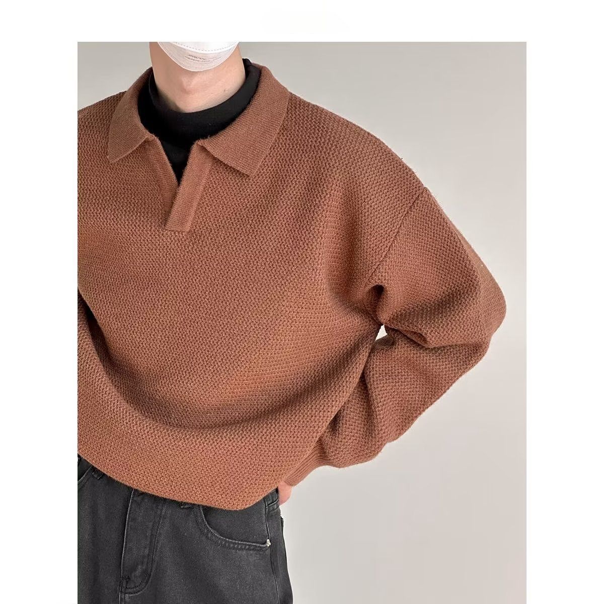 Men's Clothing V Neck Sweater Pullover Thick Needle Lapel Polo Long Sleeve Solid Color Spring And Autumn Tops_viptrois.com