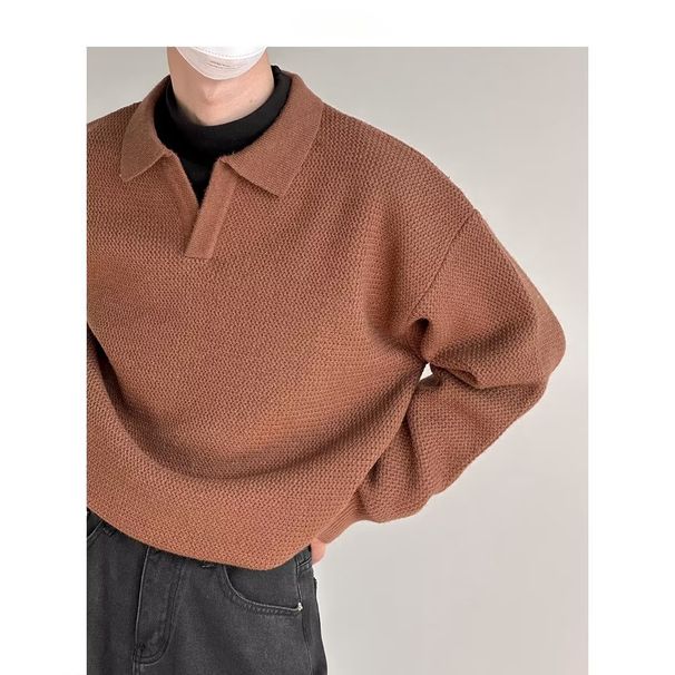 Men's Clothing V Neck Sweater Pullover Thick Needle Lapel Polo Long Sleeve Solid Color Spring And Autumn Tops_viptrois.com