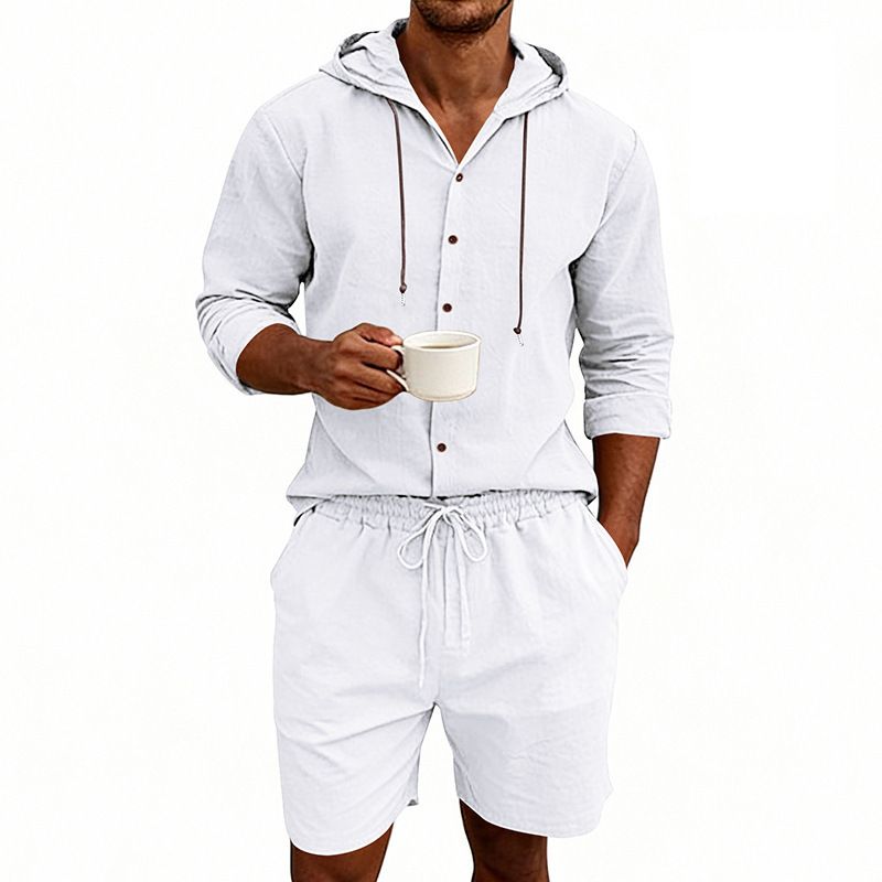 Men's Summer Linen Shirt And Shorts Set Casual Breathable Long Sleeved Solid Color Hooded Takeout American Style Vacation Wear_viptrois.com