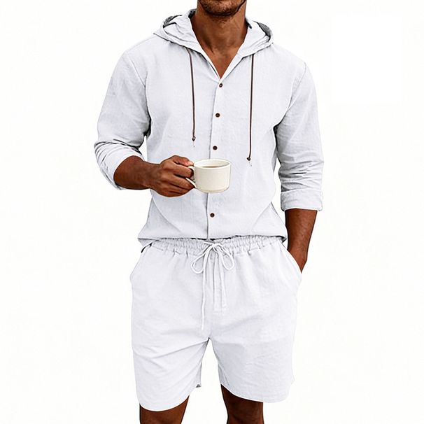 Men's Summer Linen Shirt And Shorts Set Casual Breathable Long Sleeved Solid Color Hooded Takeout American Style Vacation Wear_viptrois.com