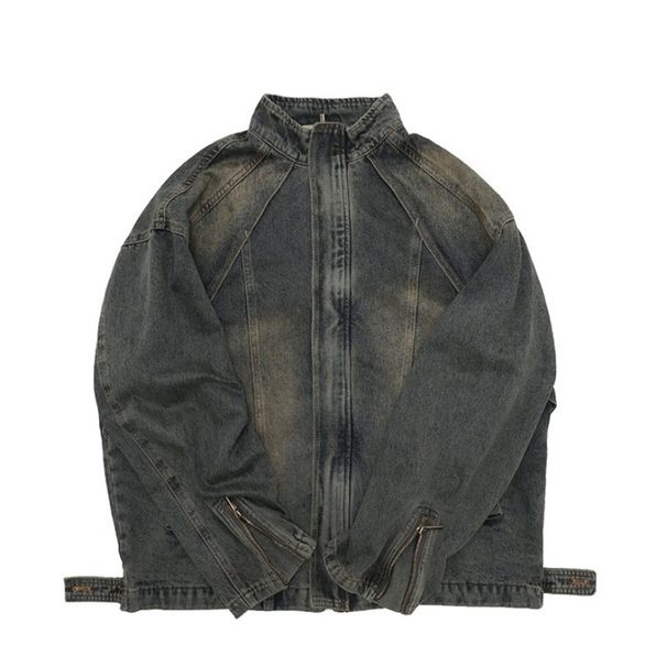 American Washed Yellow Mud Dyed Blue Stand Up Collar Denim Jacket For Men, Stylish And Loose Zipper Jacket, Trendy Top_viptrois.com